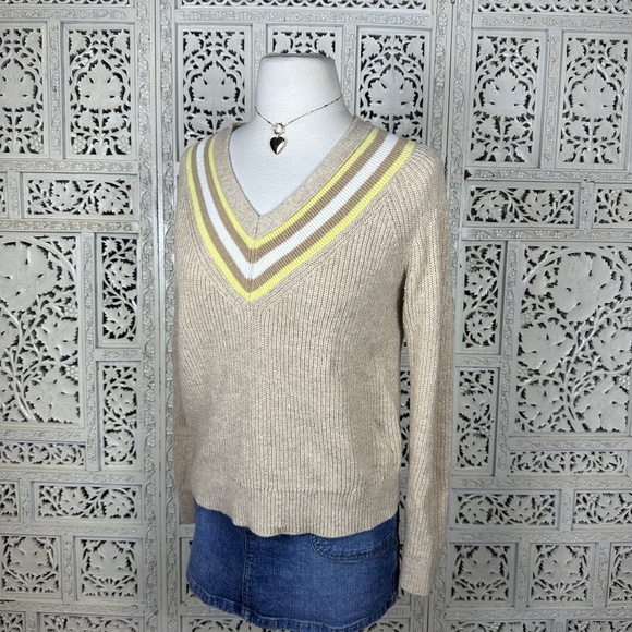 Talbots Tan Yellow Striped V Neck Preppy Tennis Long Sleeve Sweater Sz Small - Picture 4 of 7